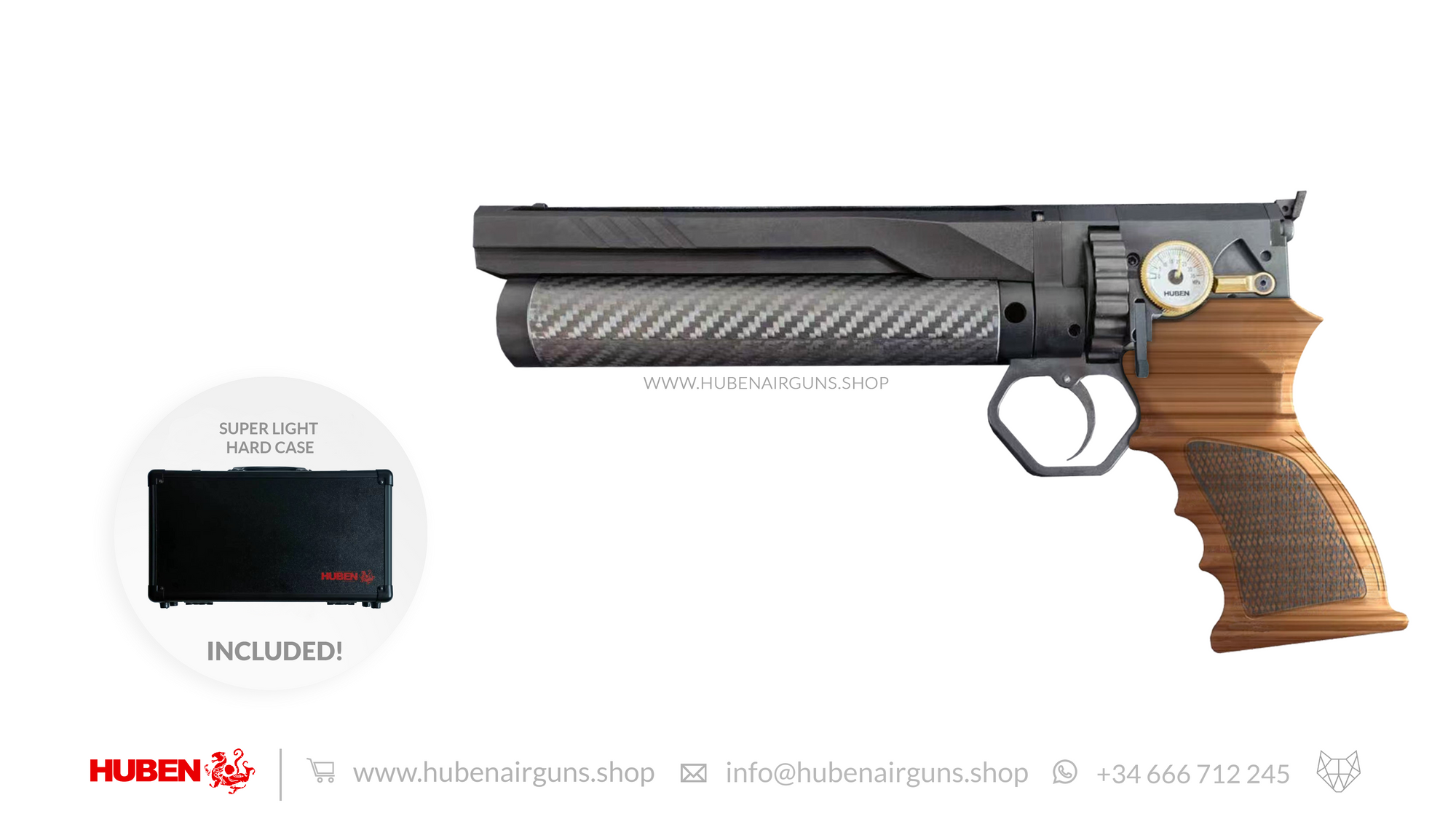 Huben Pistol GK1 black with walnut handle and black case with red logo included.